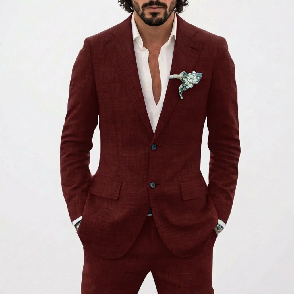 Traje de Lino de Dos Piezas para Hombre Slim Fit Blazer y Pantalones Conjunto Formal para Bodas