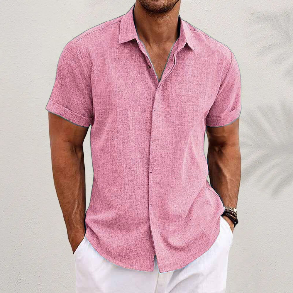 Camisa de Lino para Hombre de Manga Corta con Cuello de Solapa y Botones